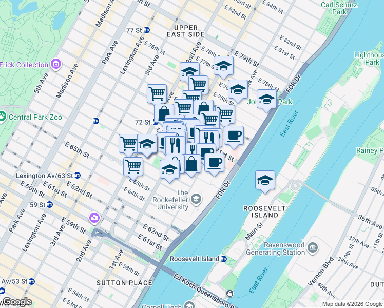 map of restaurants, bars, coffee shops, grocery stores, and more near 423 East 69th Street in New York