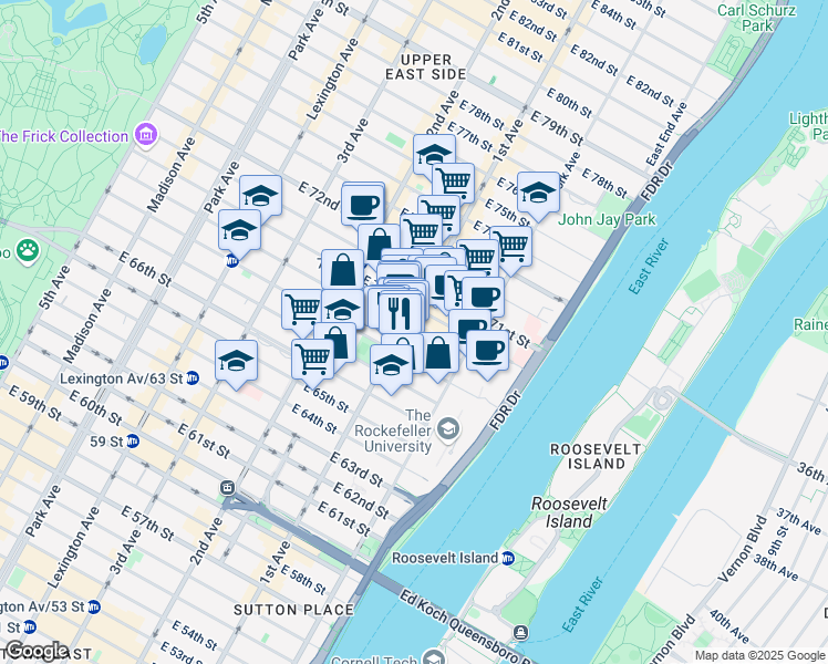 map of restaurants, bars, coffee shops, grocery stores, and more near 1274 1st Avenue in New York
