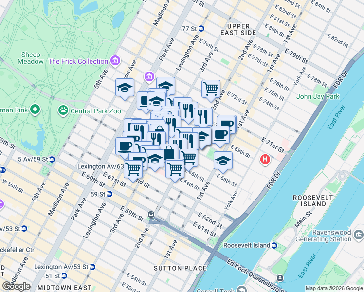 map of restaurants, bars, coffee shops, grocery stores, and more near 221 East 66th Street in New York