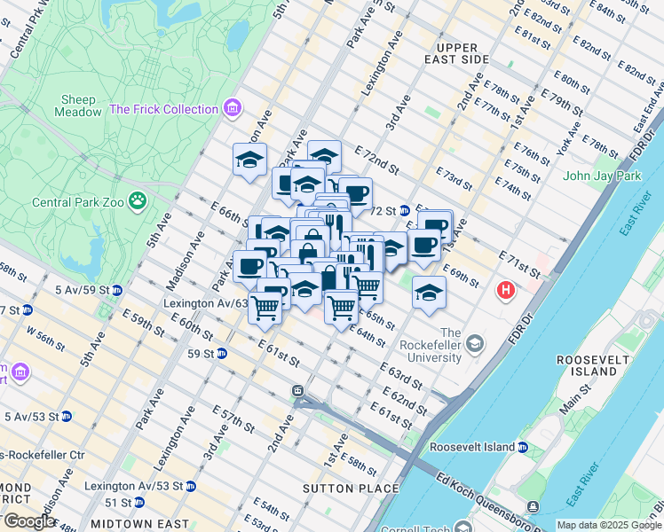 map of restaurants, bars, coffee shops, grocery stores, and more near 221 East 66th Street in New York