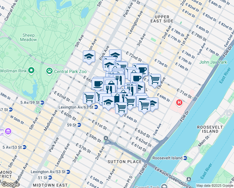 map of restaurants, bars, coffee shops, grocery stores, and more near 221 East 66th Street in New York