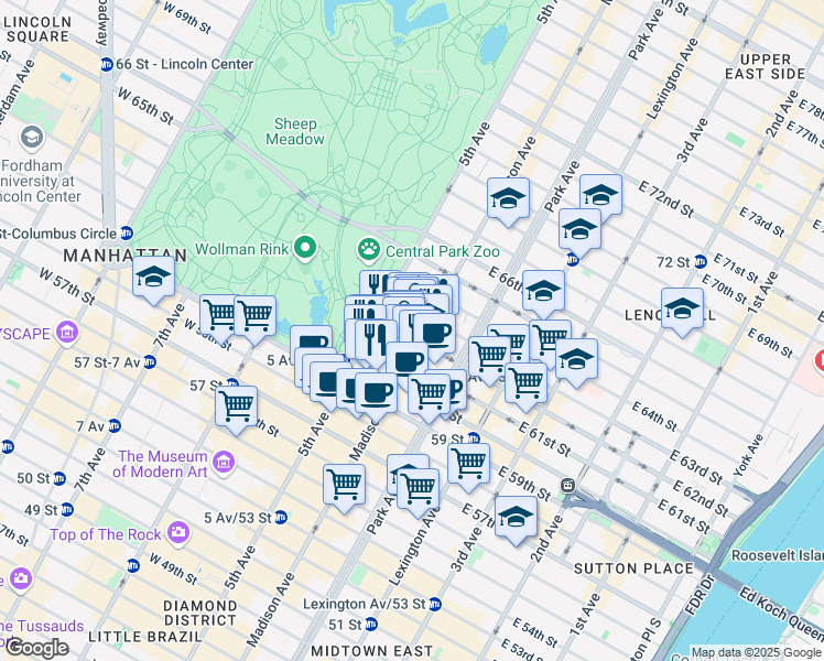 map of restaurants, bars, coffee shops, grocery stores, and more near 10 East 62nd Street in New York