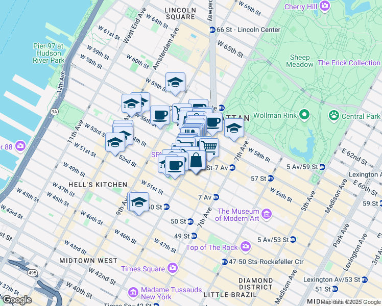 map of restaurants, bars, coffee shops, grocery stores, and more near 304 West 55th Street in New York