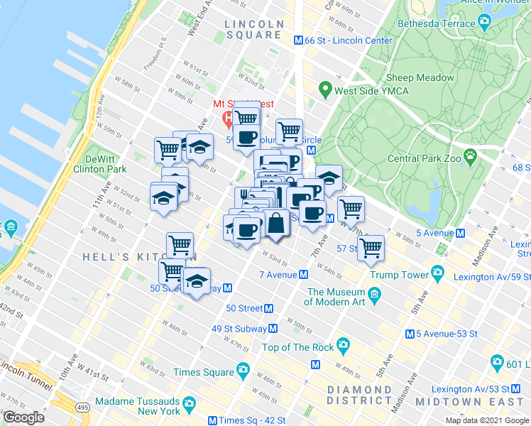 map of restaurants, bars, coffee shops, grocery stores, and more near 304 West 55th Street in New York