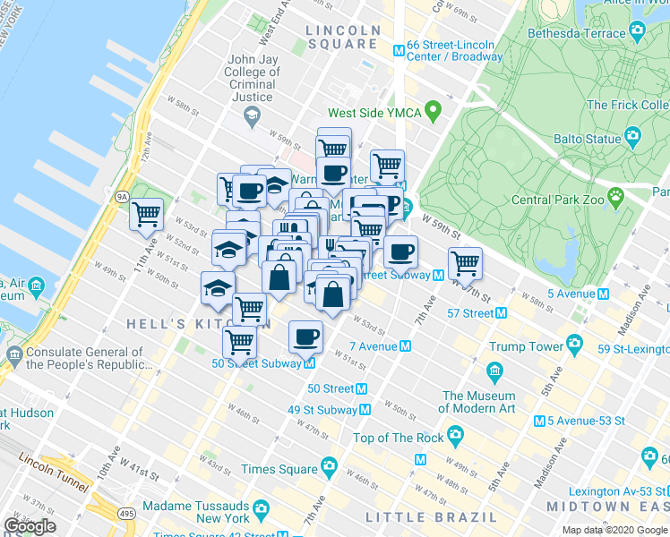 map of restaurants, bars, coffee shops, grocery stores, and more near 345 West 53rd Street in New York