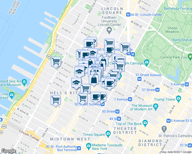 map of restaurants, bars, coffee shops, grocery stores, and more near in New York