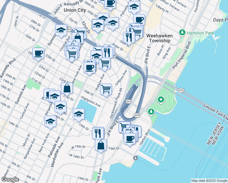 map of restaurants, bars, coffee shops, grocery stores, and more near 518 Gregory Avenue in Weehawken