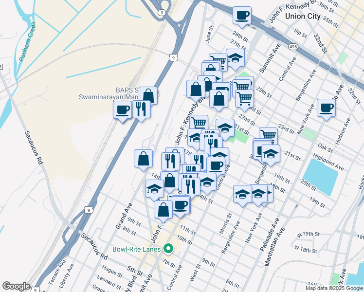 map of restaurants, bars, coffee shops, grocery stores, and more near 916 17th Street in Union City