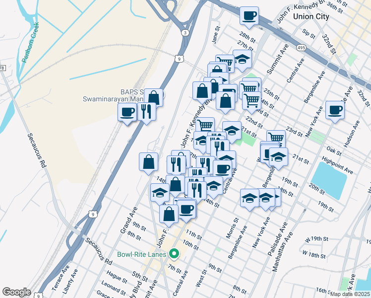 map of restaurants, bars, coffee shops, grocery stores, and more near 918 17th Street in Union City