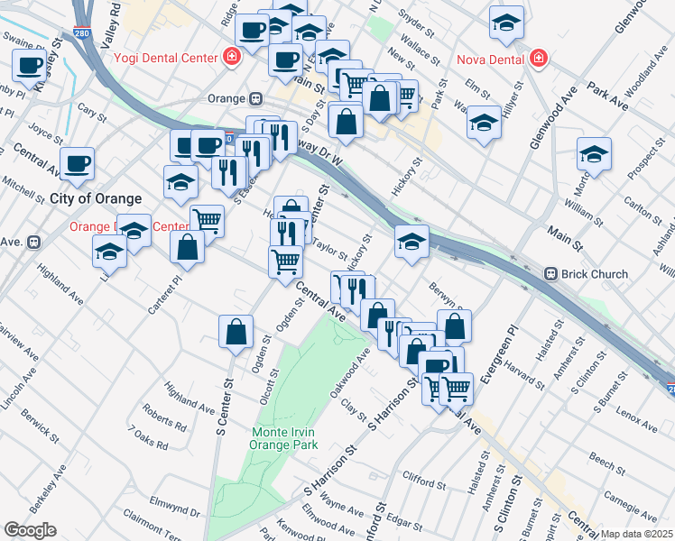 map of restaurants, bars, coffee shops, grocery stores, and more near 154 Chapman Street in City of Orange
