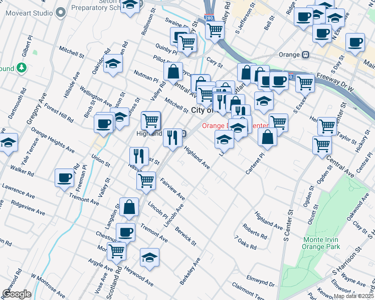 map of restaurants, bars, coffee shops, grocery stores, and more near 463 Highland Avenue in City of Orange