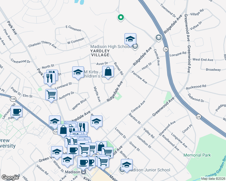 map of restaurants, bars, coffee shops, grocery stores, and more near 105 Ridgedale Avenue in Madison