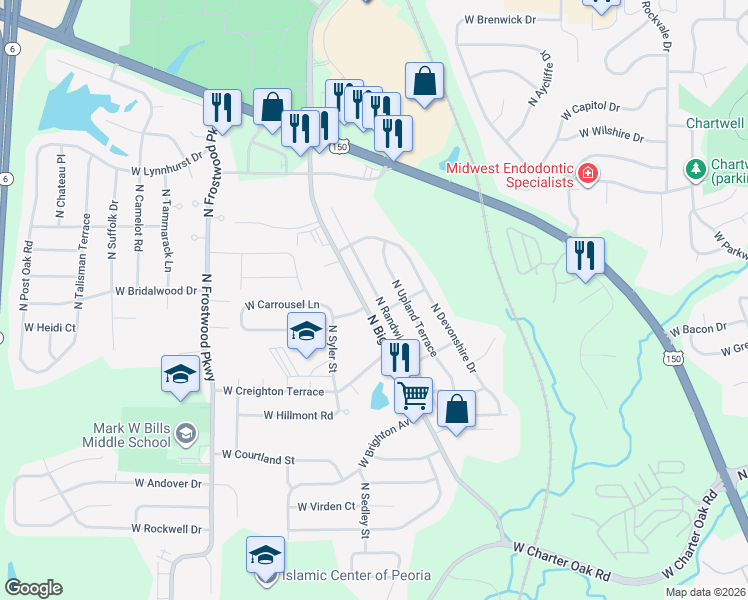 map of restaurants, bars, coffee shops, grocery stores, and more near 3811 West Yorkshire Avenue in Peoria