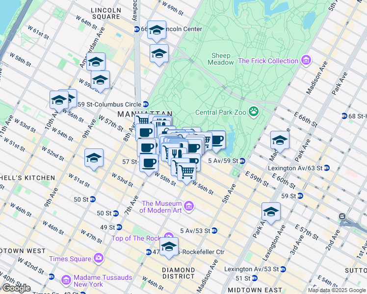 map of restaurants, bars, coffee shops, grocery stores, and more near 145 West 58th Street in New York