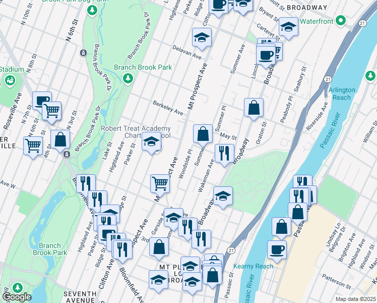 map of restaurants, bars, coffee shops, grocery stores, and more near 84 Woodside Place in Newark