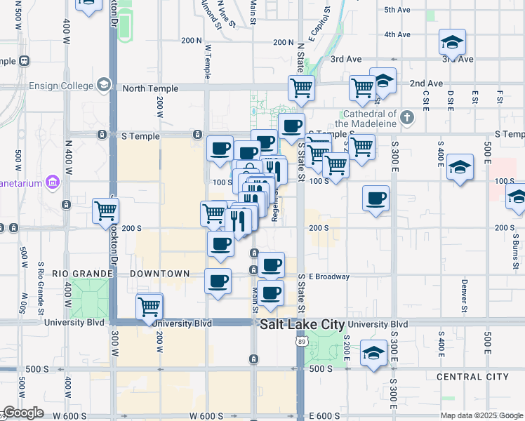map of restaurants, bars, coffee shops, grocery stores, and more near 151 South Main Street in Salt Lake City