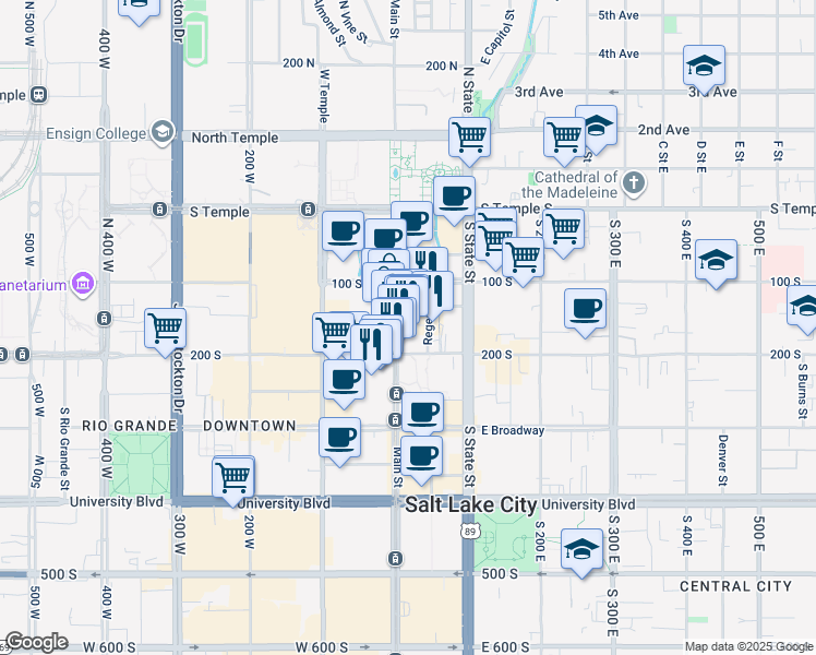 map of restaurants, bars, coffee shops, grocery stores, and more near 151 South Main Street in Salt Lake City
