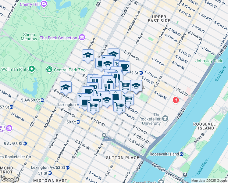 map of restaurants, bars, coffee shops, grocery stores, and more near 205 East 66th Street in New York