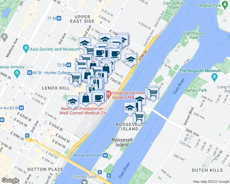 map of restaurants, bars, coffee shops, grocery stores, and more near 3843 FDR Drive in New York
