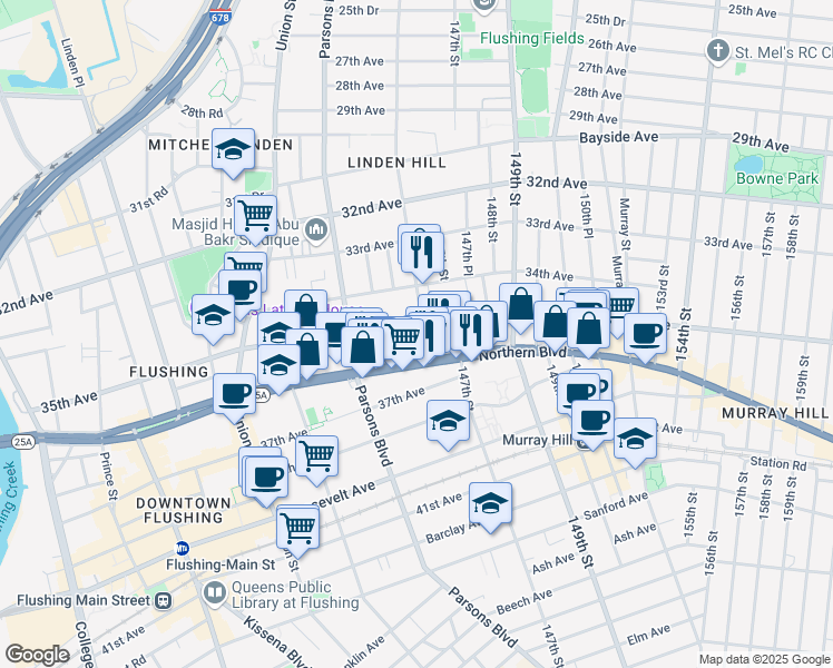 map of restaurants, bars, coffee shops, grocery stores, and more near 35-20 146th Street in Queens