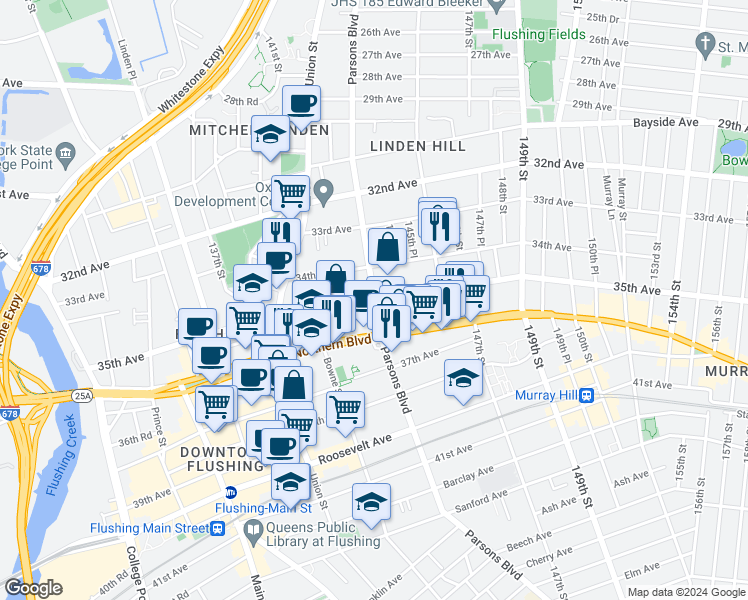 map of restaurants, bars, coffee shops, grocery stores, and more near 35th Ave & Parsons Blvd in Queens