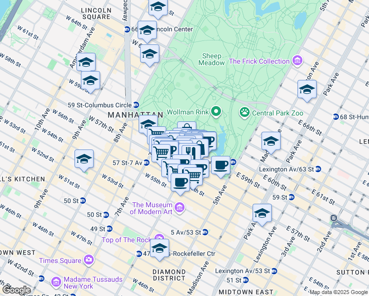 map of restaurants, bars, coffee shops, grocery stores, and more near 116 Central Park South in New York