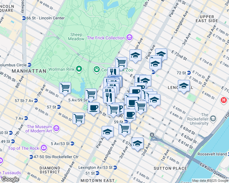 map of restaurants, bars, coffee shops, grocery stores, and more near 709 Madison Avenue in New York