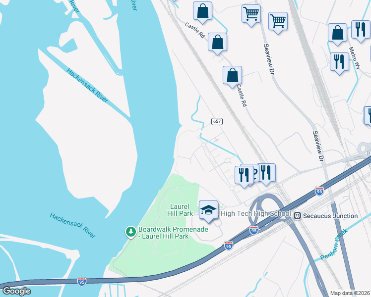 map of restaurants, bars, coffee shops, grocery stores, and more near 5000 Brianna Lane in Secaucus