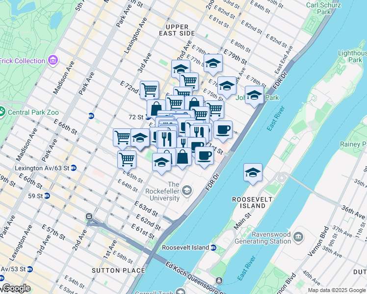 map of restaurants, bars, coffee shops, grocery stores, and more near 428 East 70th Street in New York