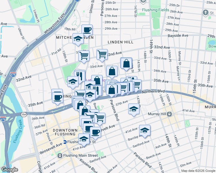 map of restaurants, bars, coffee shops, grocery stores, and more near 35-06 Parsons Boulevard in Queens