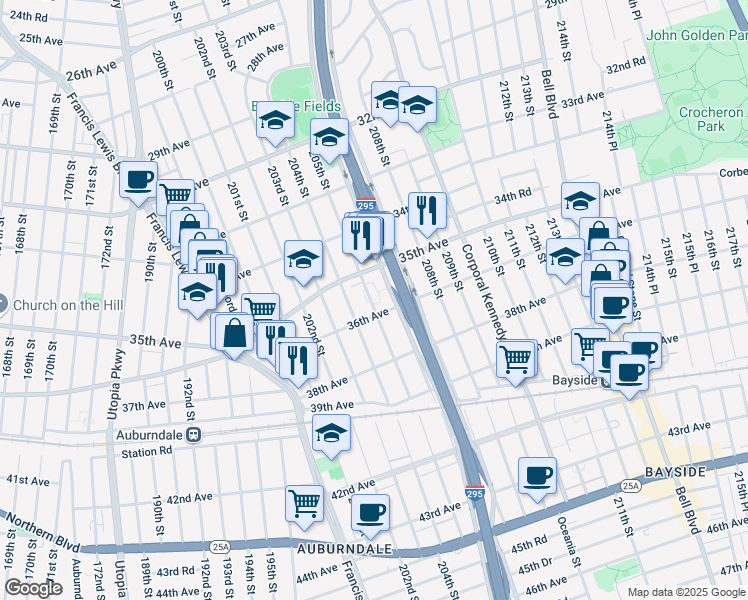 map of restaurants, bars, coffee shops, grocery stores, and more near 35-41 205th Street in Queens