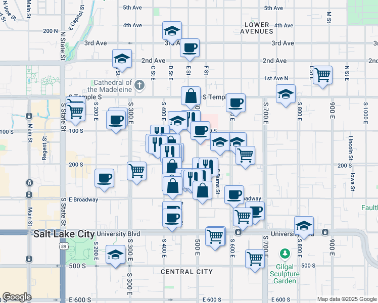 map of restaurants, bars, coffee shops, grocery stores, and more near 144 South 500 East in Salt Lake City