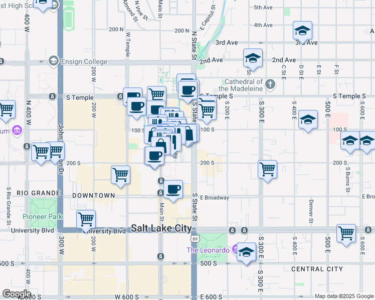 map of restaurants, bars, coffee shops, grocery stores, and more near 167 Regent Street in Salt Lake City