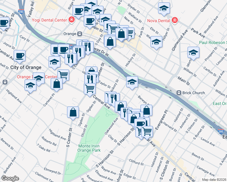 map of restaurants, bars, coffee shops, grocery stores, and more near 154 Chapman Street in City of Orange