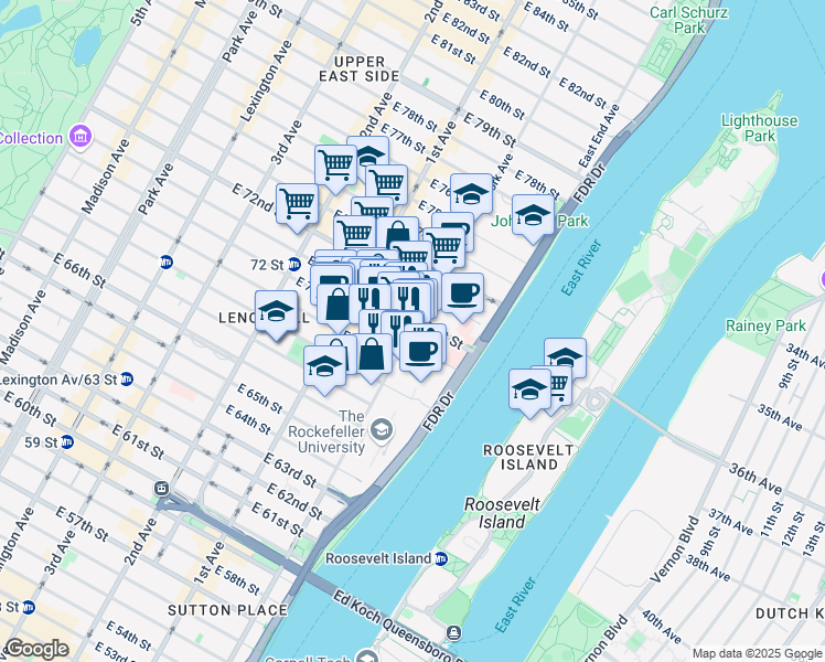 map of restaurants, bars, coffee shops, grocery stores, and more near 1319 York Avenue in New York