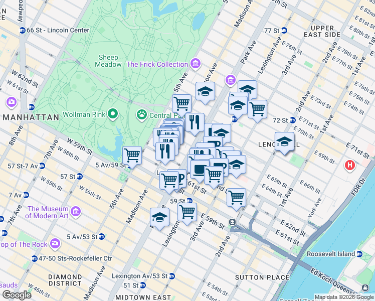 map of restaurants, bars, coffee shops, grocery stores, and more near 580 Park Avenue in New York