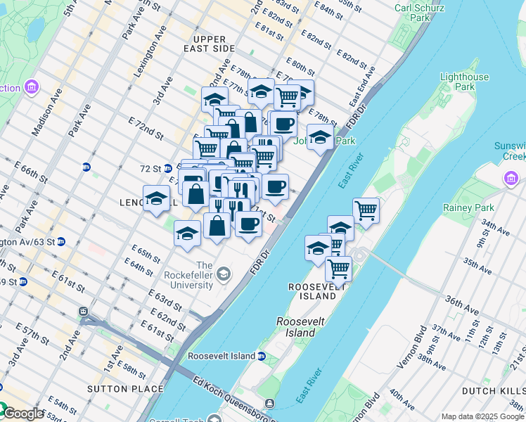 map of restaurants, bars, coffee shops, grocery stores, and more near 515 East 71st Street in New York