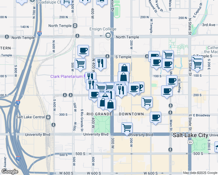 map of restaurants, bars, coffee shops, grocery stores, and more near 160 South 300 West in Salt Lake City