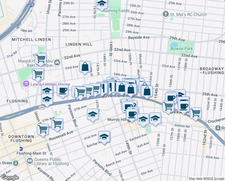 map of restaurants, bars, coffee shops, grocery stores, and more near 35-21 149th Street in Queens