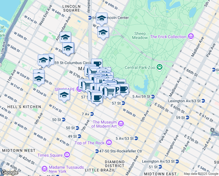 map of restaurants, bars, coffee shops, grocery stores, and more near 146 West 57th Street in New York