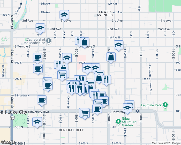 map of restaurants, bars, coffee shops, grocery stores, and more near 182 South 600 East in Salt Lake City