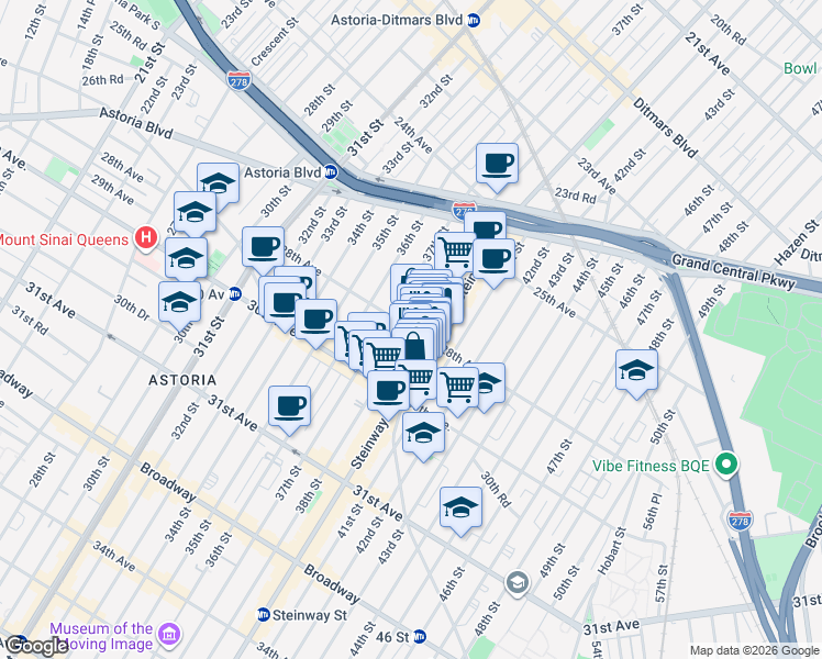 map of restaurants, bars, coffee shops, grocery stores, and more near 38th Street in Queens