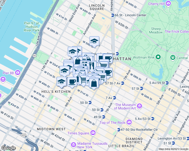 map of restaurants, bars, coffee shops, grocery stores, and more near 330 West 55th Street in New York