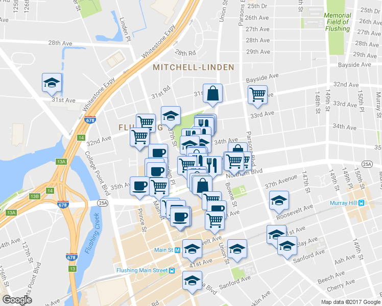 map of restaurants, bars, coffee shops, grocery stores, and more near 34-45 Leavitt Street in Queens