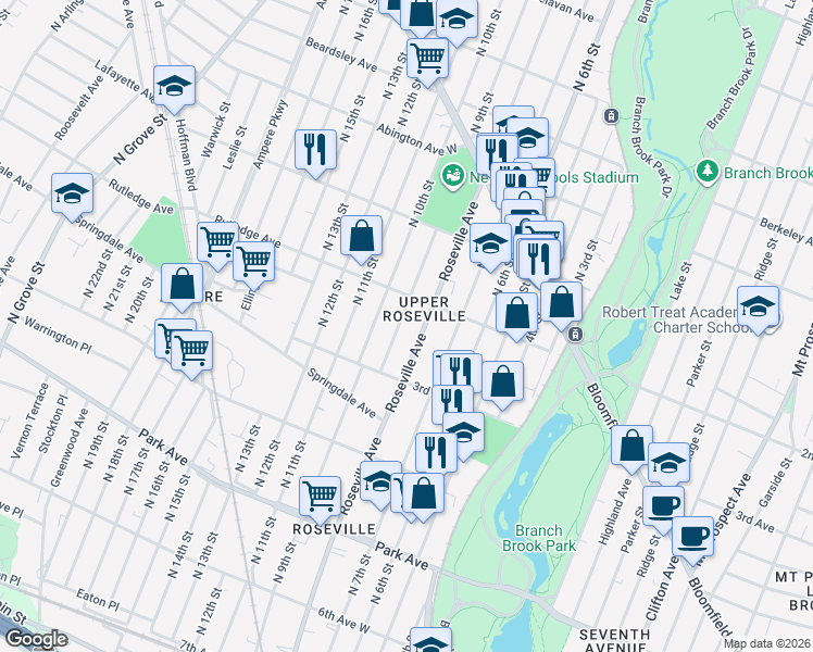 map of restaurants, bars, coffee shops, grocery stores, and more near 32 Peck Avenue in Newark
