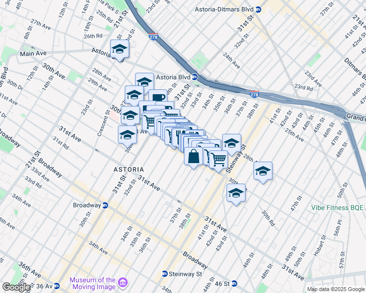 map of restaurants, bars, coffee shops, grocery stores, and more near 34-14 30th Avenue in Queens