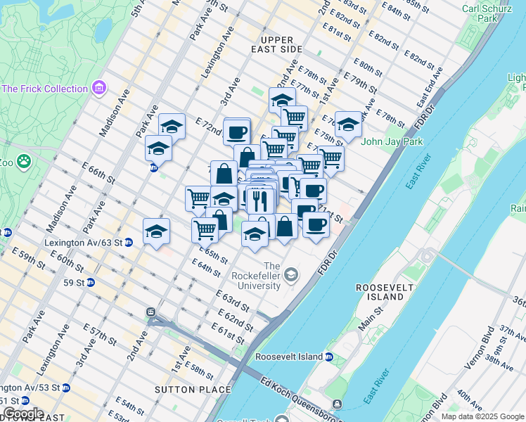 map of restaurants, bars, coffee shops, grocery stores, and more near 1st Avenue & E 69th St in New York