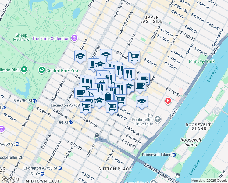 map of restaurants, bars, coffee shops, grocery stores, and more near 226 East 67th Street in New York