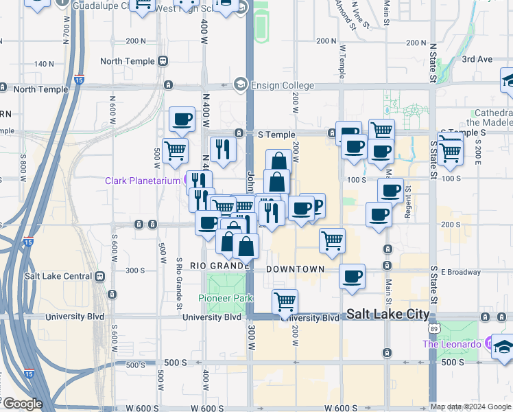 map of restaurants, bars, coffee shops, grocery stores, and more near 155 West 300 South in Salt Lake City