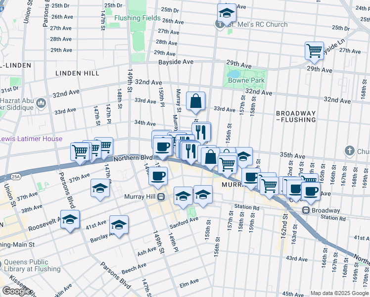 map of restaurants, bars, coffee shops, grocery stores, and more near 151-10 35th Avenue in Queens